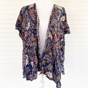 January 7 Paisley Kimono OS Navy Blue Boho Open Front Cardigan Cover Up